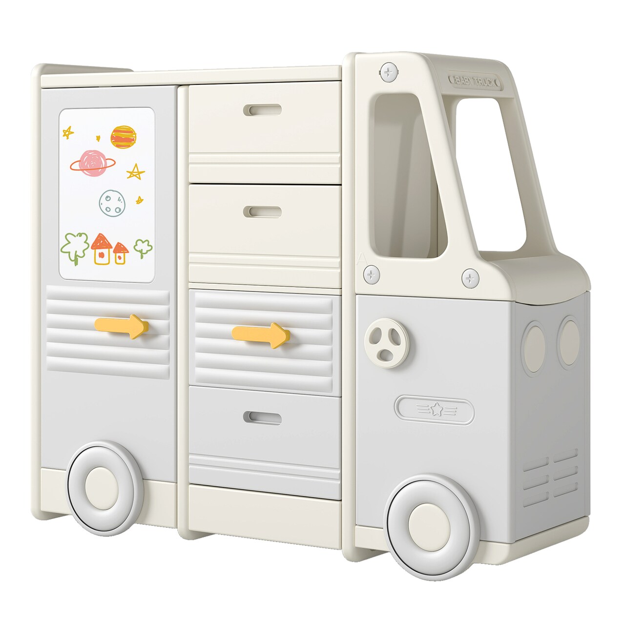Beige Grey Kids Toy Organizer Bus With Drawers Whiteboard Storage Cabinet